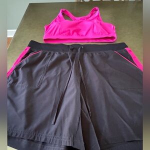 Tek Gear Black and Pink Athletic Shorts & Sports Bra, Removable Pads, Size XL